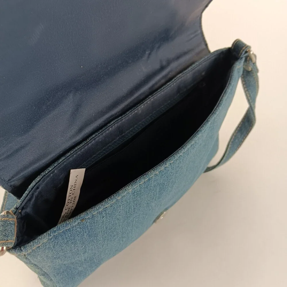 Womens Solid Blue Rectangular Shaped Studded Denim Shoulder Bag